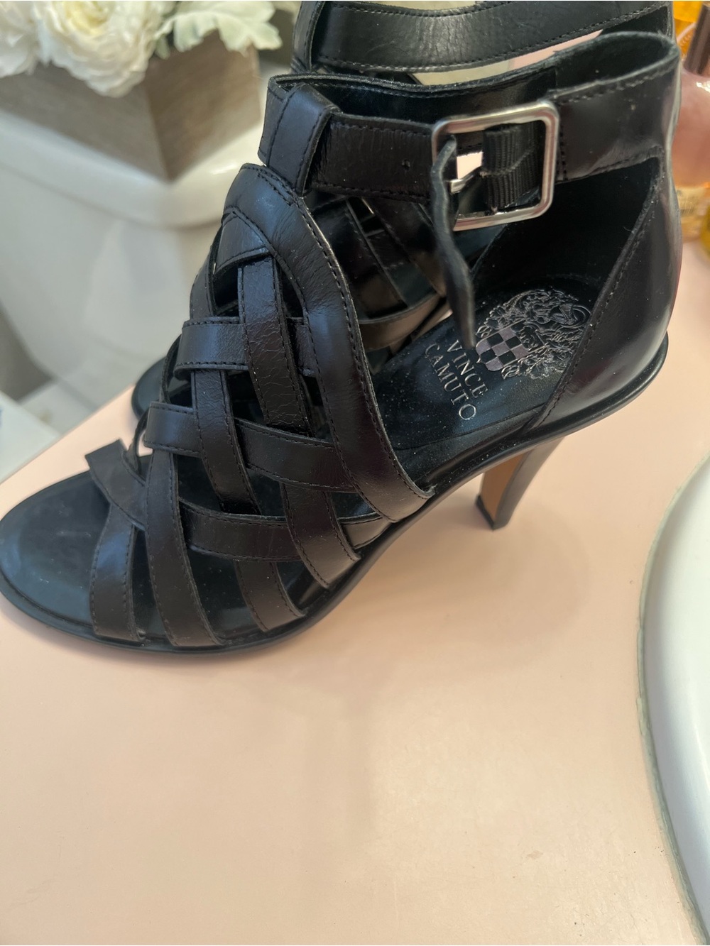 Vince Camuto Black Leather Woven Ankle-Strap Stiletto Sandals